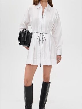 STAUD White Shirt Mini Dress with Black Drawstring